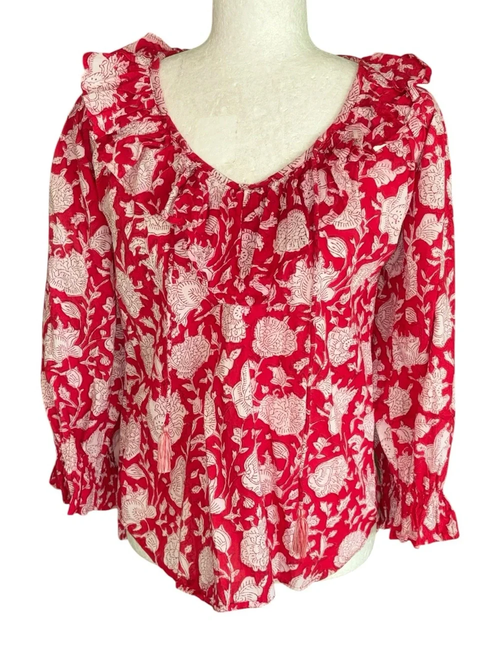 Anthropologie Mille May Red Zinnia Floral Print Ruffle Tie Neck Blouse - XXS +